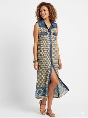 Available Denim-Trim Sleeveless Midi Shirt Dress with Geometric Print